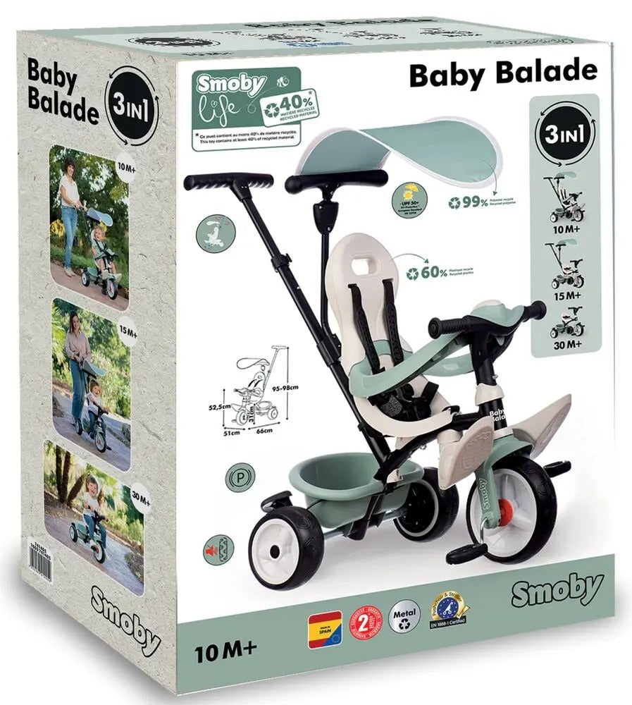 Smoby Life - Tricycle Baby Balade - Evolutif 3 en 1 - Poignée Parentale Réglable - Frein de Parking - Pare Soleil Anti-UV - Matière Recyclée - A Partir de 10 Mois Jusqu'à 3 Ans - Fabrication Espagnole