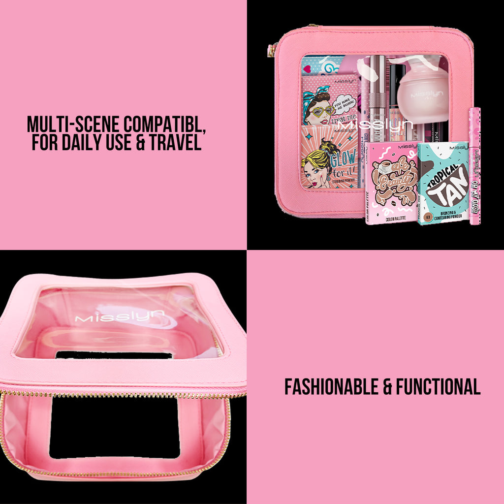 Misslyn Trousse de maquillage semi-transparente imperméable, format quart, voyage, pliable pour déplacements quotidiens, transparente, grande capacité, facile à nettoyer, multifonction