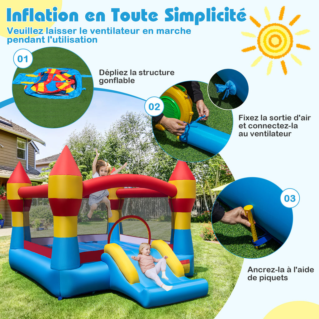 Costway Trampoline gonflable 3-en-1 pour enfants avec toboggan, grande surface de saut et panier de basket, souffleur non inclus