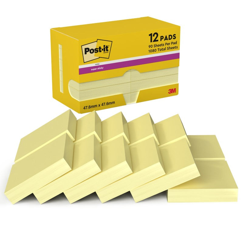 Post-it Notes repositionnables super adhésives, Jaune canard, 47,6 mm x 47,6 mm, 90 feuilles/feuille, 12 blocs/lot, Emballage en carton, 100 % PEFC, SGSCH-PEFC-COC-110078
