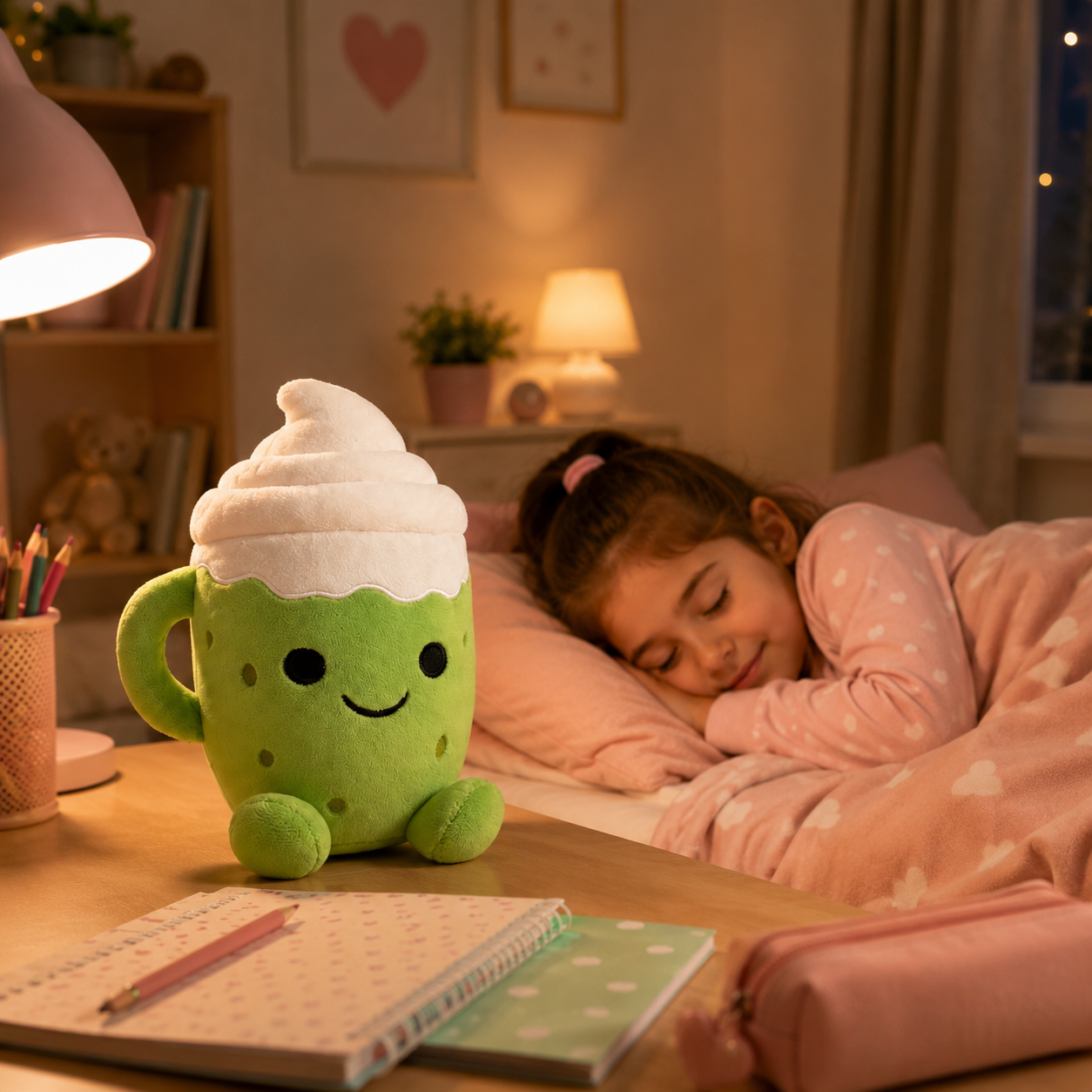 Flooffees Mug en peluche vert de Londres – Jouet kawaii mignon avec nappage à la crème fouettée, 25 cm, compagnon de bureau câlin, décoration de chambre et cadeau pour enfants