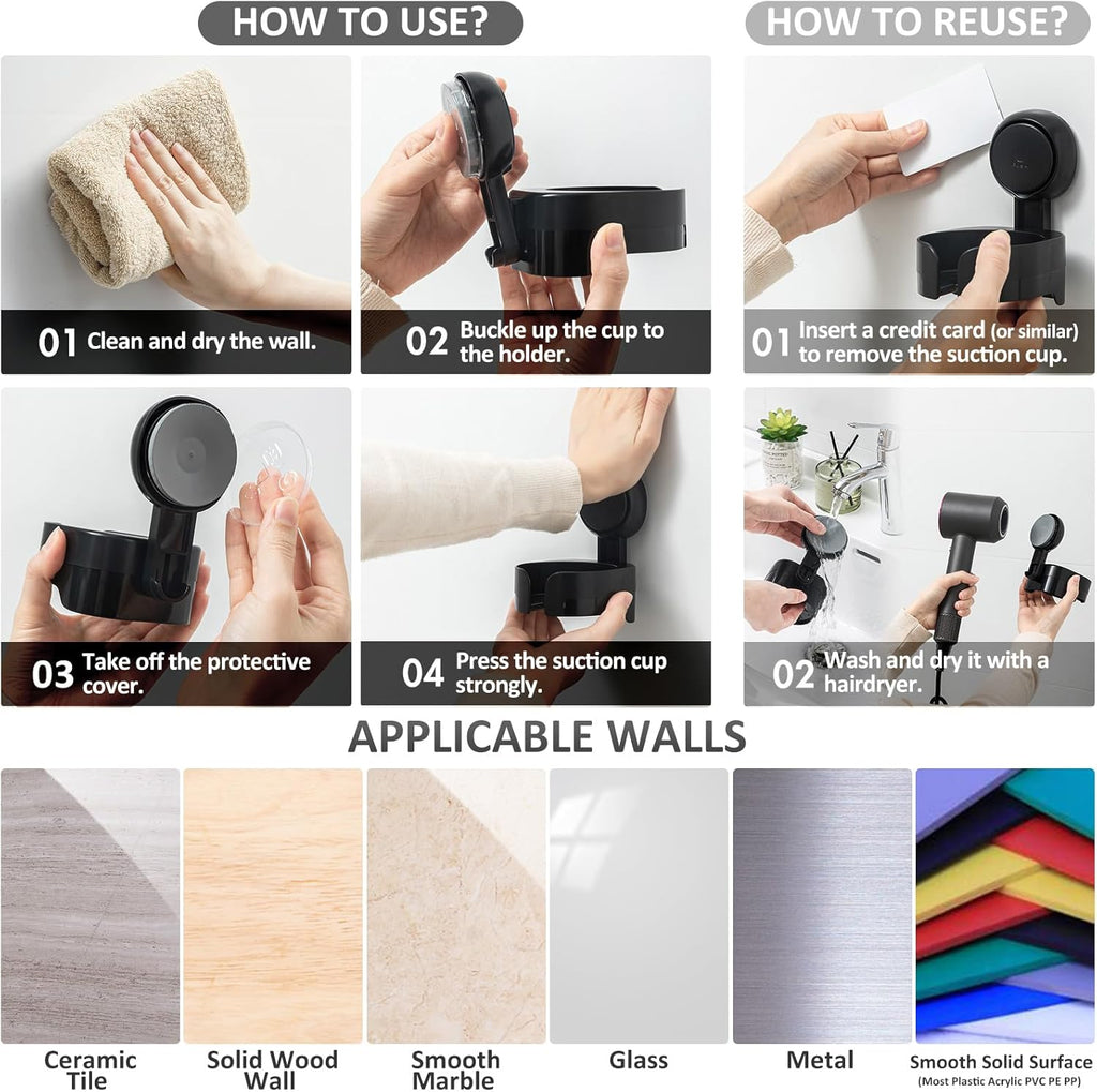 Taili Support de verre à vin à ventouse pour douche, Porte-gobelet de bain mural amovible pour bière, vin, boissons, Pour en profiter au spa, salle de bain, cuisine, etc., Noir