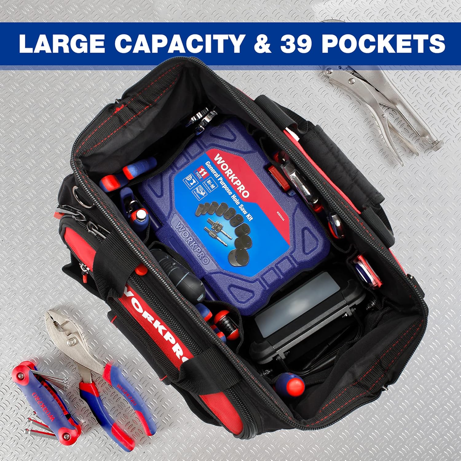 WORKPRO Sac à Outils Robuste 16 Pouces 42 x 24,5 x 34 cm | Tissu Polyester 1680D, Base Rigide Imperméable, Ouverture Large, 39 Poches avec Élastique et Crochet, Bandoulière