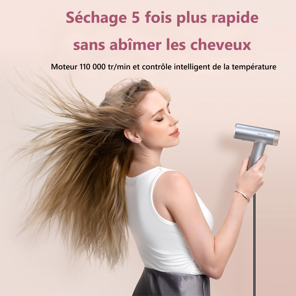 Lecomely Sèche-cheveux haute vitesse, puissant et léger, 2 vitesses et 4 réglages de température, conception ergonomique, bouton air froid, diffuseur et concentrateur