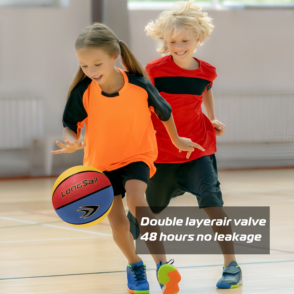 LONGSAIL Ballon de basket-ball en caoutchouc haute qualité (25,5 po), taille 4#, rouge/jaune/bleu