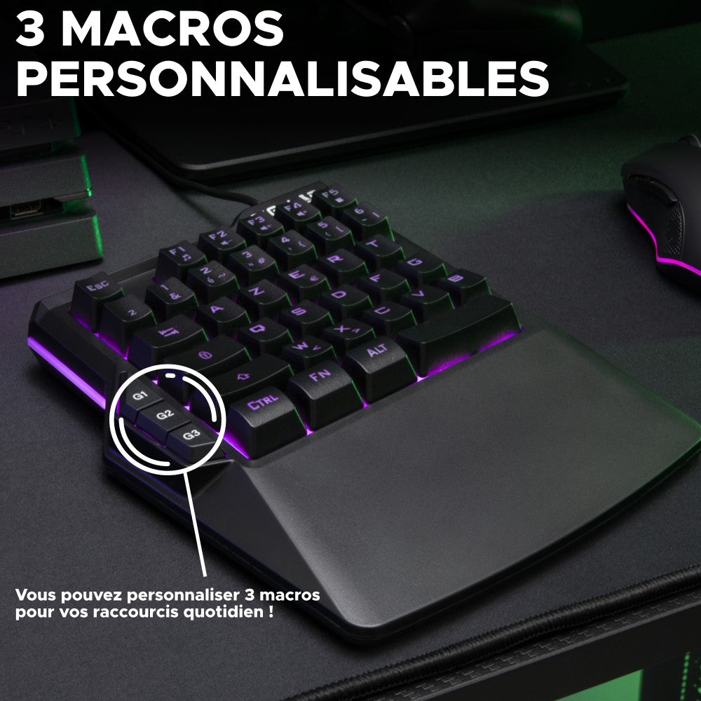 THE G-LAB KEYZ THORIUM Clavier Gaming à Membrane Filaire RGB Gauchère (Une Main) - AZERTY - Noir