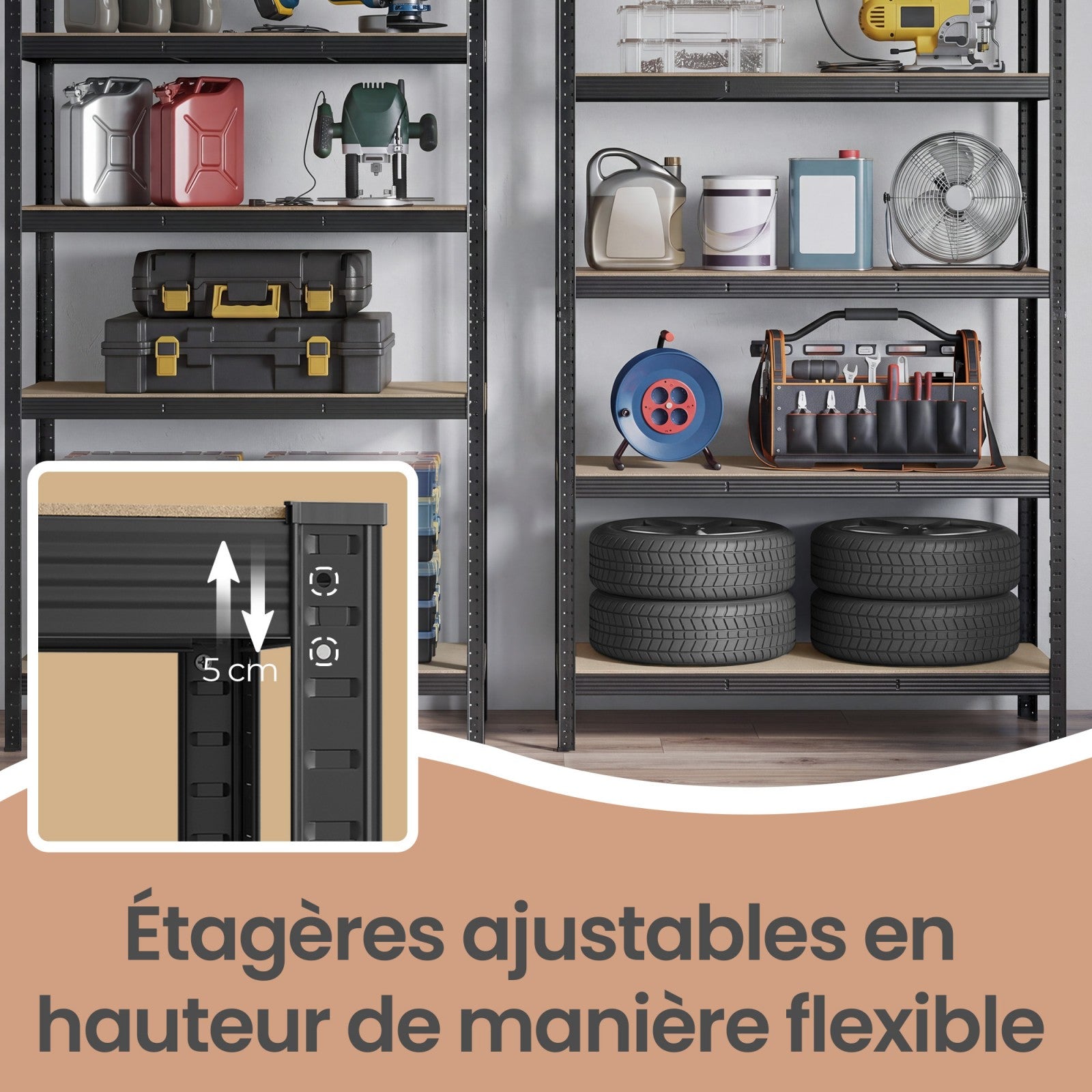 JOYFURNOS Étagère de rangement à 5 niveaux, Étagère en acier robuste avec traverses renforcées et niveaux de hauteur réglables, Capacité de charge max. 750 kg, Grande surface de rangement 200 x 120 x 60 cm, Idéale pour garage, abri de jardin, entrepô