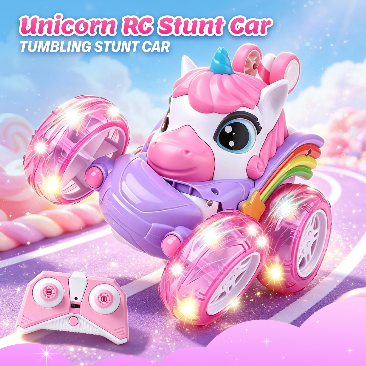 Voiture de Cascade de Licorne Télécommandée pour Enfants, Camion Télécommandé à Rotation de 360 Degrés avec Roues Lumineuses, Cadeau de Voiture Jouet Rechargeable Thème Licorne Rose Violet Mignon pour Petites Filles Âge 3+