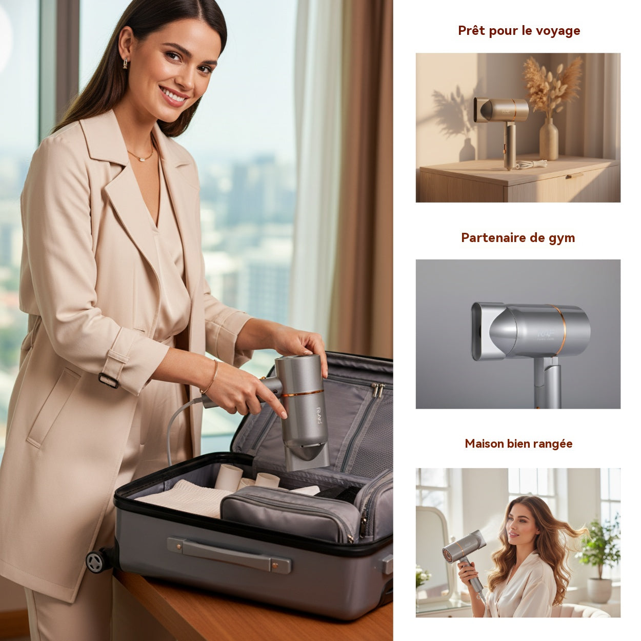 RAF Sèche-cheveux pliable professionnel portable 800 W, protection contre la surchauffe, format compact de voyage, pour femme, usage domestique, gris