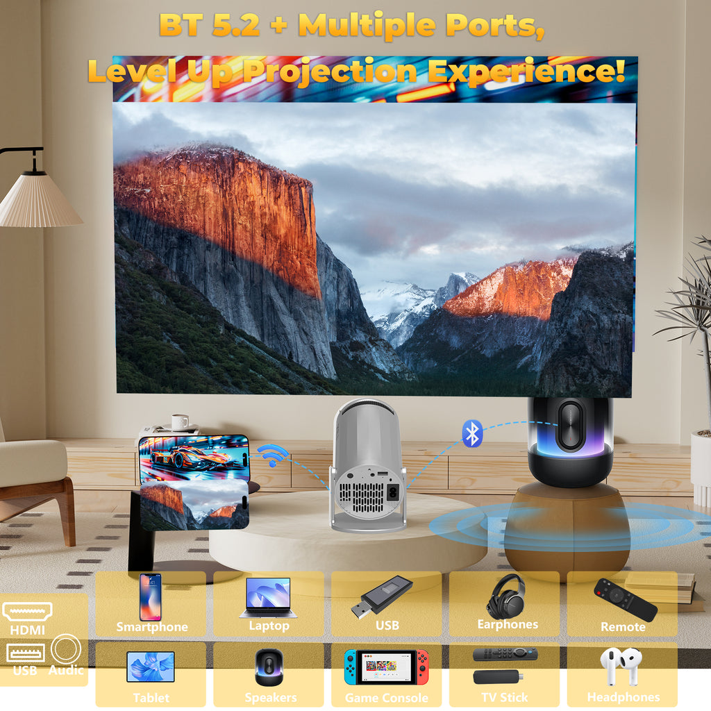 XBJ Projecteur portable argenté avec Wi-Fi 6 et Bluetooth 5,2, mini projecteur intelligent, HD 1080P (décodage 4K), système Android 11, correction trapézoïdale automatique + rotatif à 180°, 300 ANSI, écran 40-200 pouces pour chambre/intérieur/extérie