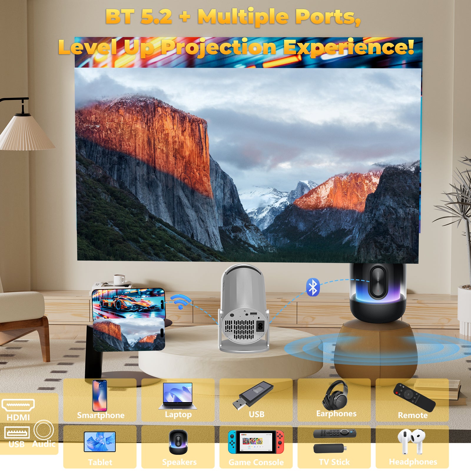 XBJ Projecteur portable argenté avec Wi-Fi 6 et Bluetooth 5,2, mini projecteur intelligent, HD 1080P (décodage 4K), système Android 11, correction trapézoïdale automatique + rotatif à 180°, 300 ANSI, écran 40-200 pouces pour chambre/intérieur/extérie