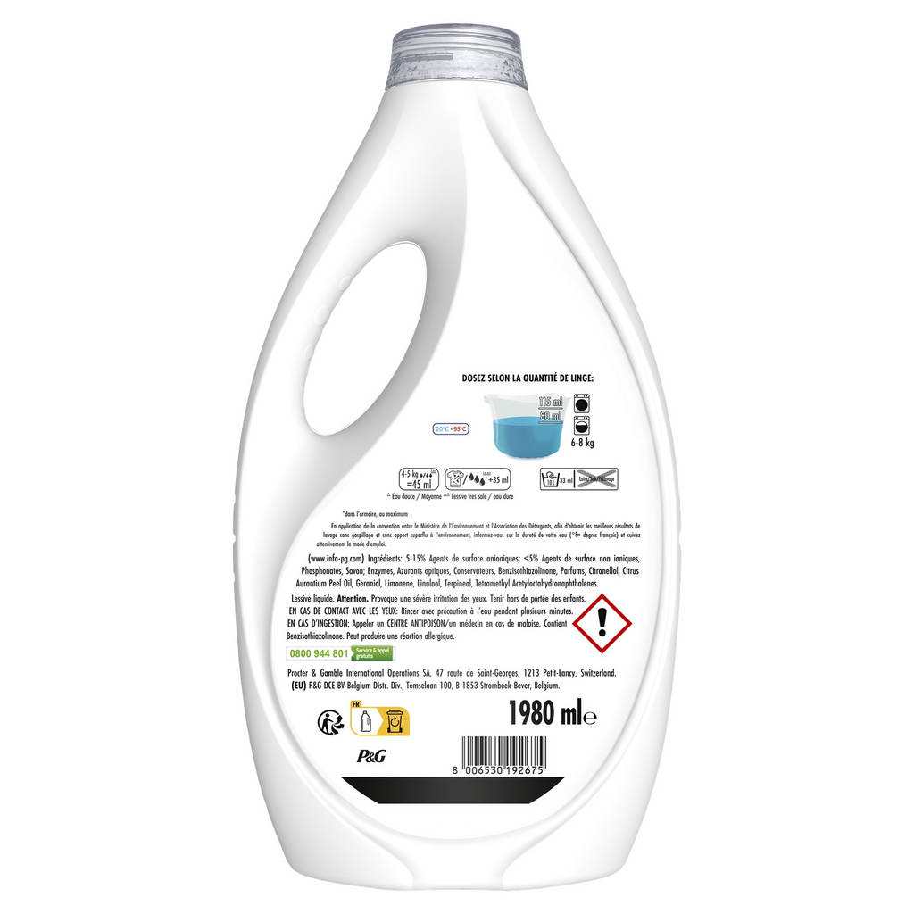 DASH Lessive Liquide 2en1 Jasmin et Rose de Mai 1.98L