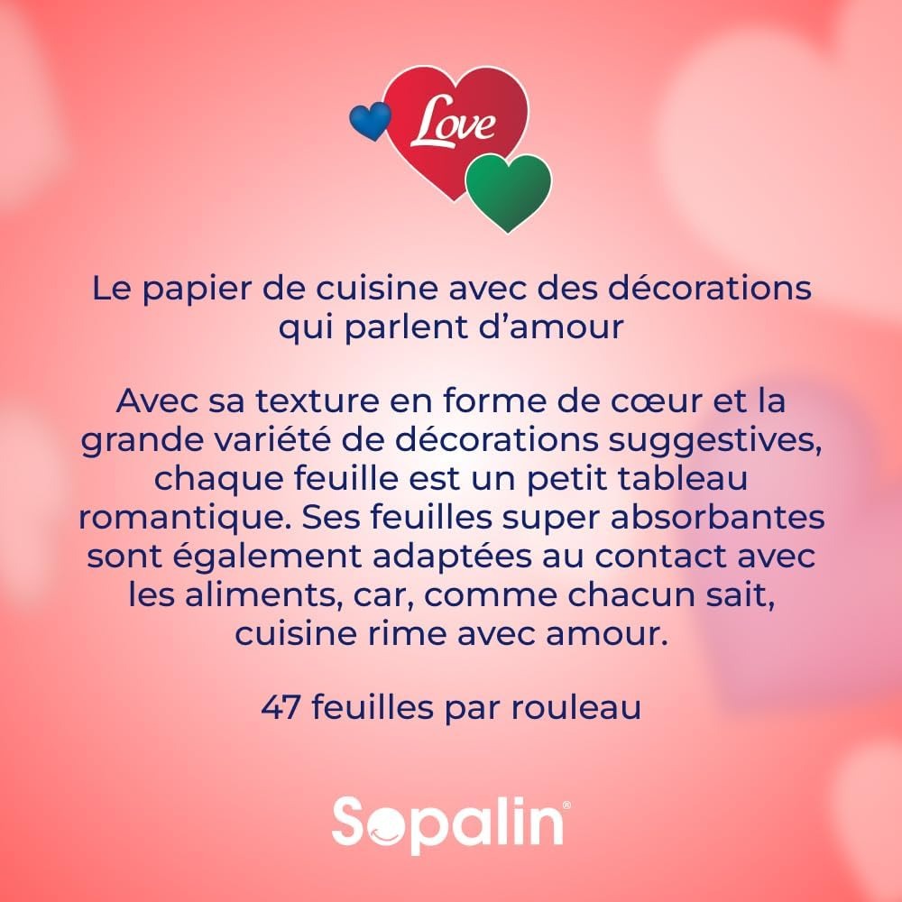 SOPALIN Essuie-Tout 3 Épaisseurs Motif Thème Amour Certifié FSC, 3 Rouleaux