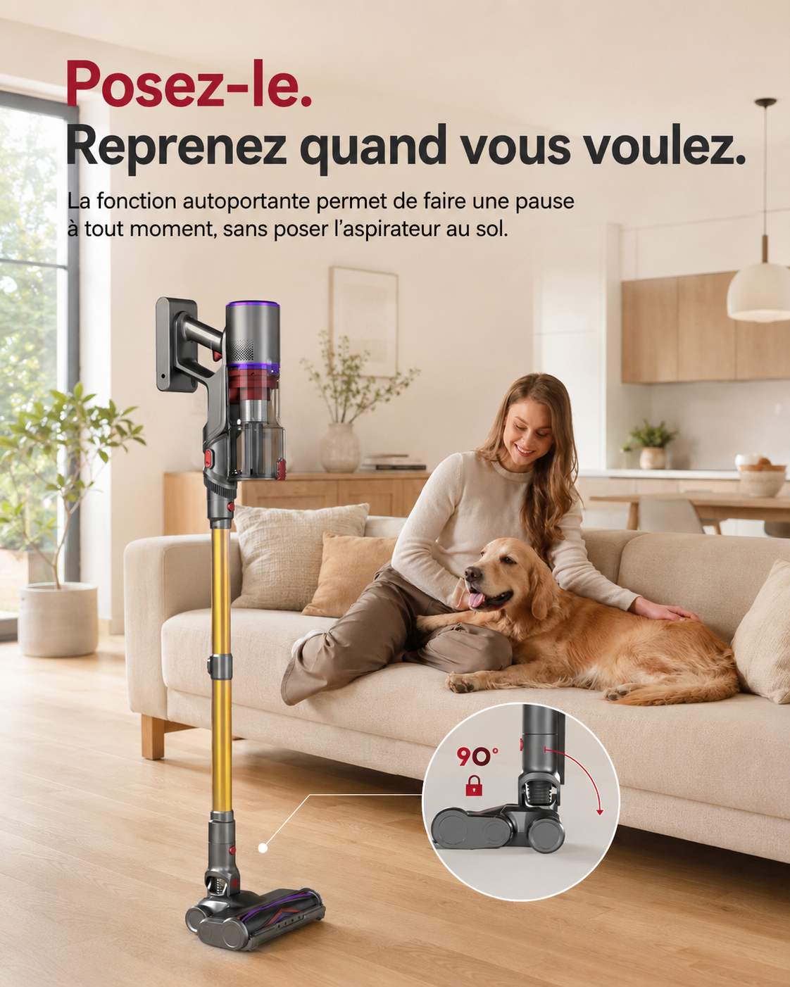 MONSGA X UNINELLHOME UV5 Aspirateur Sans Fil, Aspiration de 60 000 Pa, Brosse Anti-Emmêlement Extra-Épaisse, Gestion Intelligente de la Batterie par IA, Jusqu’à 65 Min d’Autonomie, Aspirateur Balai Autonome avec Écran Tactile LED pour Poils d’Animaux