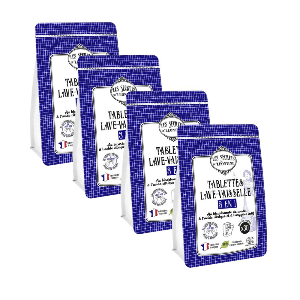 LES SECRETS DE LEONTINE Tablettes Lave-Vaisselle 3 en 1, Bicarbonate de Soude, Acide Citrique & Oxygène Actif, Sans Parfum, 4 x 30 Lavages (= 120 Lavages), 120 Tablettes