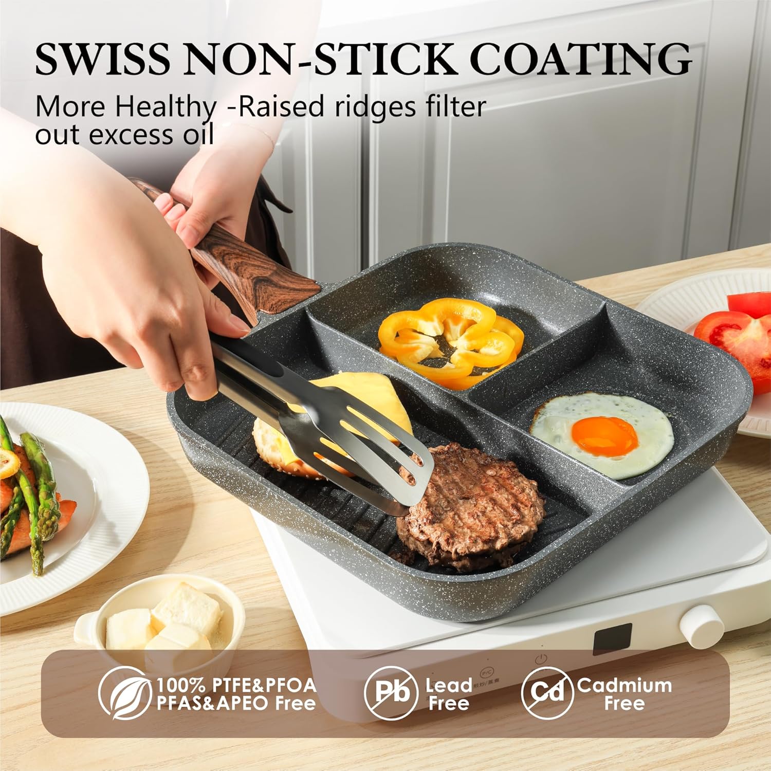 SENSARTE Poêle grillée antiadhésive à séparateurs, 3 sections, polyvalente pour petit-déjeuner, poêle grillée carrée durable, poêle gril à steak, sans PFOA, PFOS ni APEO