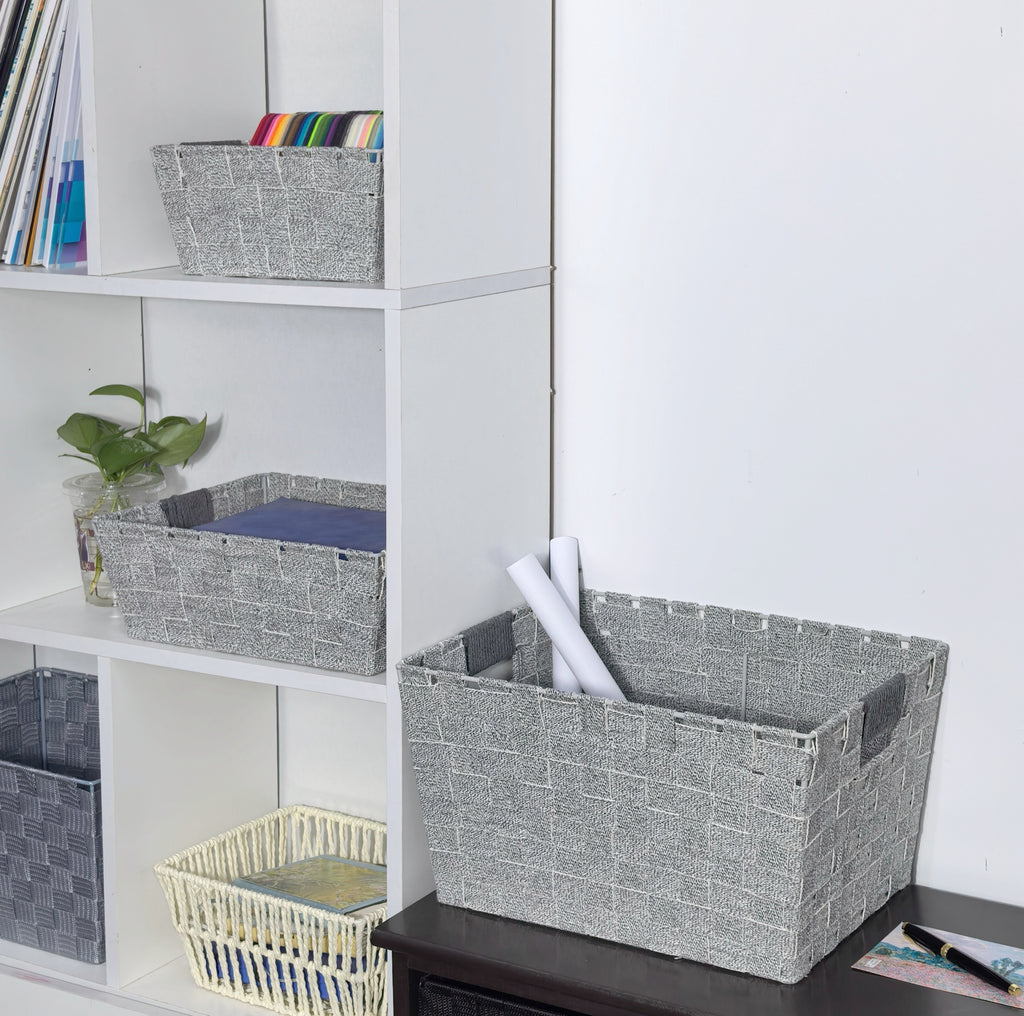 KEVAHOME Lot de 3 panières en coton avec sangles gris L : 15 x 11 x 8,25 po H M : 13 x 10 x 4,5 po H S : 10 x 7 x 4,5 po H