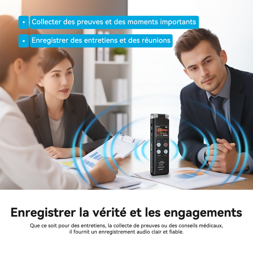 Rexsun Enregistreur vocal numérique portable 128 Go avec écran LCD, Réduction intelligente du bruit, ABS et alliage d’aluminium, Gris, L357