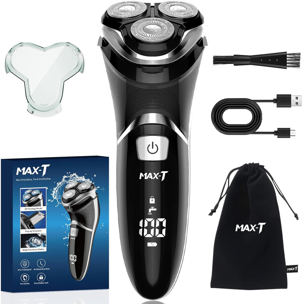 Rasoir électrique MAX-T pour hommes avec tondeuse escamotable, étanchéité IPX7, tête rotative 3D, rasoir sans fil rechargeable, port Type-C, 120 min d'autonomie, Plug & Play - Noir