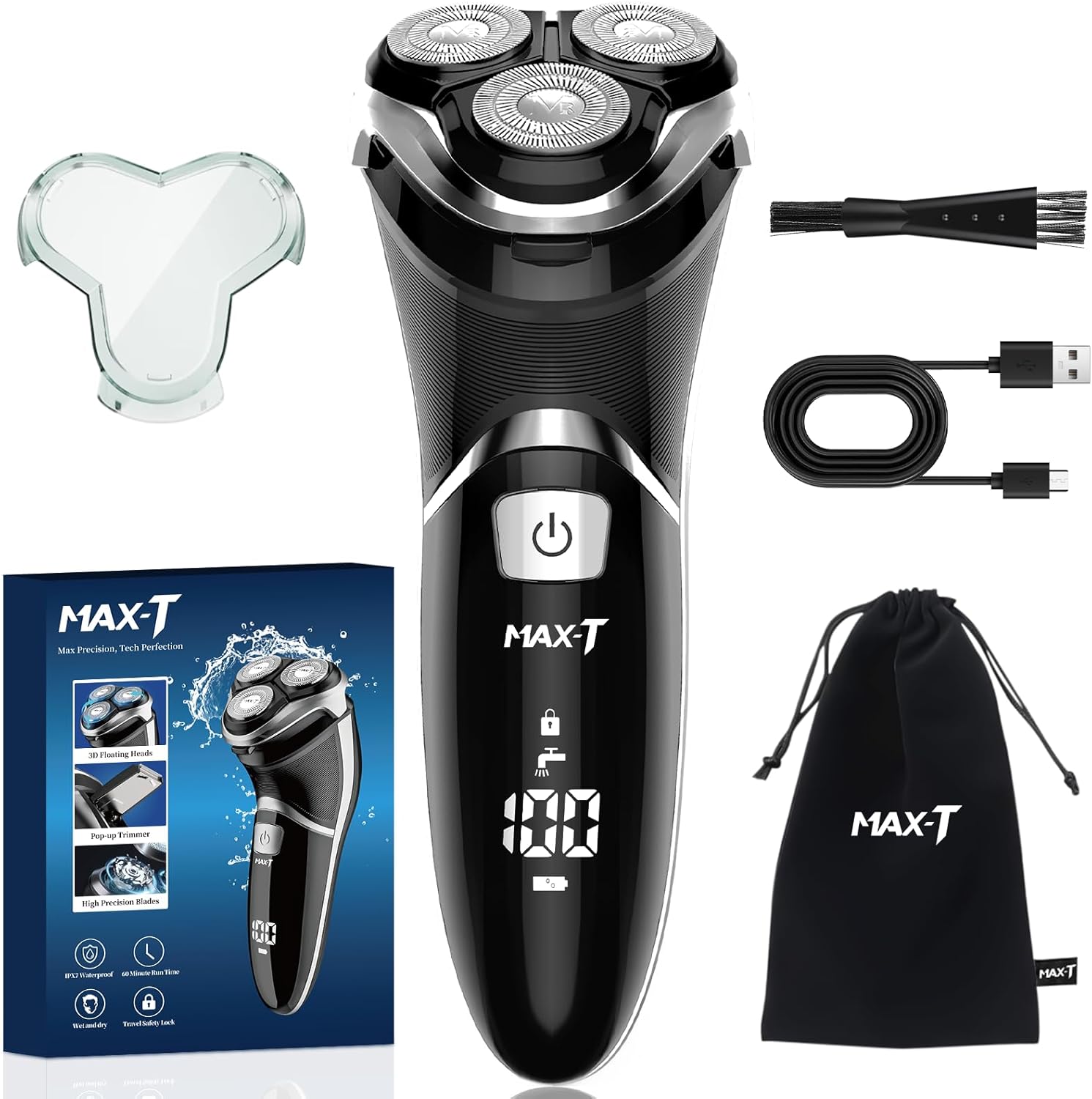 Rasoir électrique MAX-T pour hommes avec tondeuse escamotable, étanchéité IPX7, tête rotative 3D, rasoir sans fil rechargeable, port Type-C, 120 min d'autonomie, Plug & Play - Noir