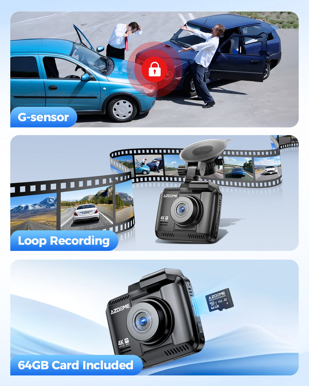 AZDOME GS63H Pro Caméra embarquée de voiture 4K avant et arrière avec GPS, Wi‑Fi et technologie Starvis