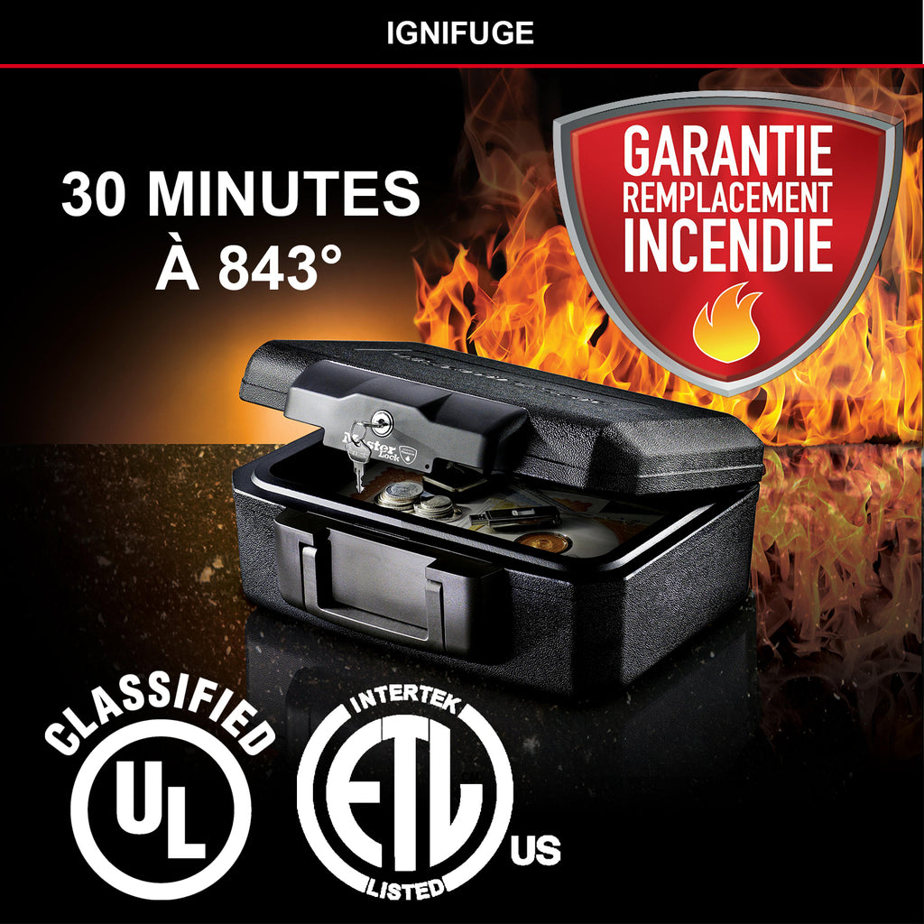 Master Lock Boîte de coffre-fort certifiée ignifuge avec clé, 5 L, 362 x 156 x 284 mm, portable avec poignée de transport, noire, pour la maison et les professionnels