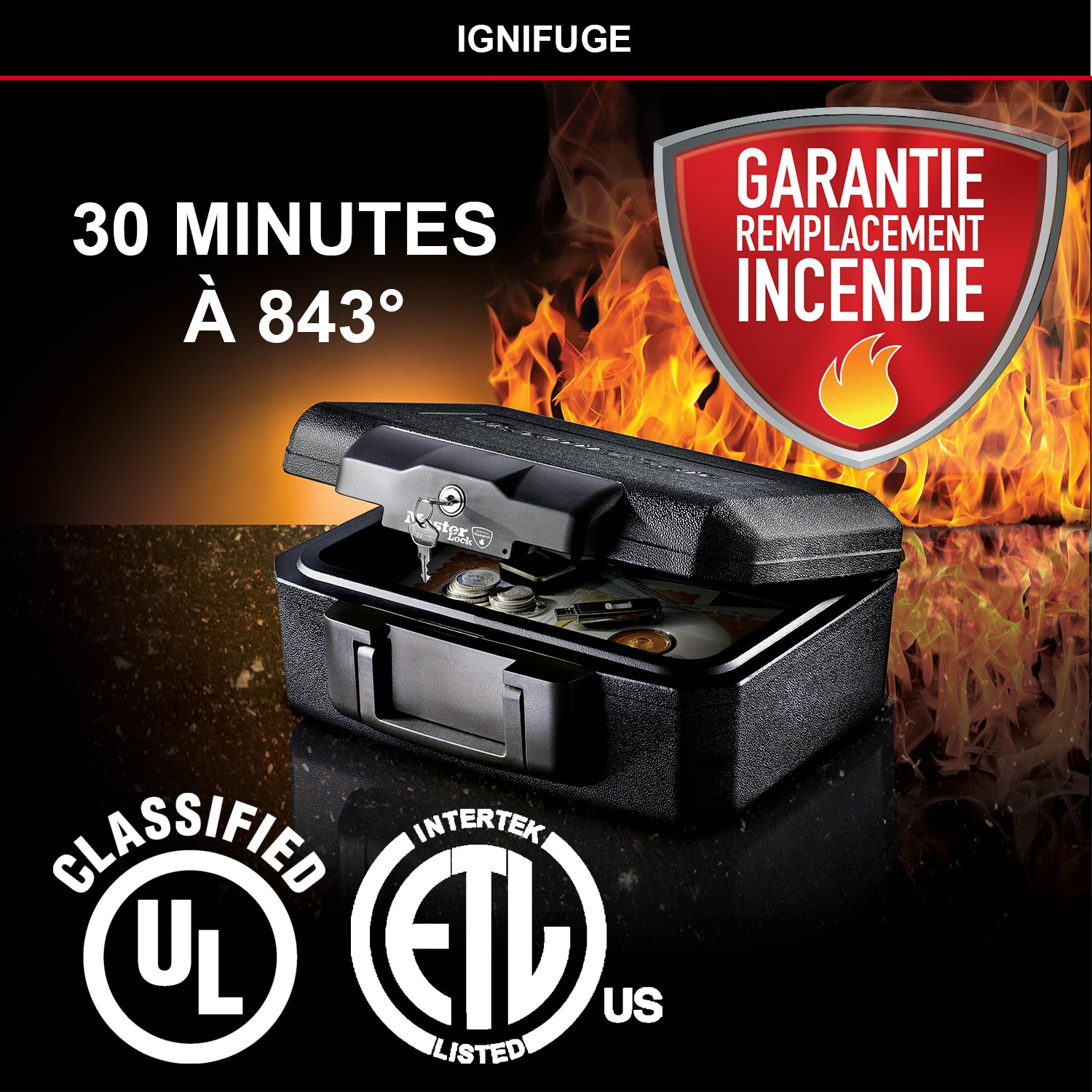 Master Lock Boîte de coffre-fort certifiée ignifuge avec clé, 5 L, 362 x 156 x 284 mm, portable avec poignée de transport, noire, pour la maison et les professionnels