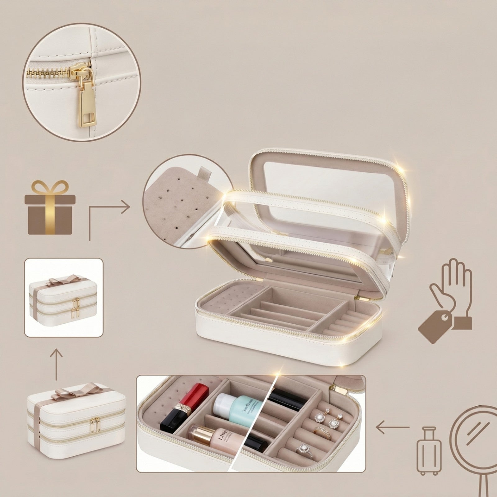 JOYFURNOS Organisateur de Cosmétiques avec Miroir, Mallette de Maquillage de Voyage, Rangement pour Bijoux, Trousse de Pinceaux Portable, Cadeau pour Femme, Blanc