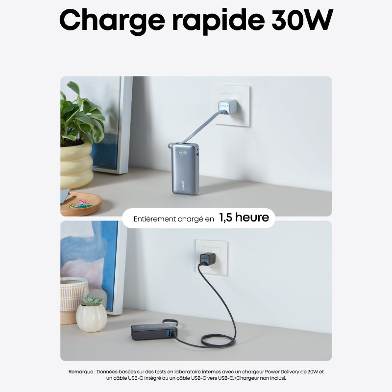 Anker Nano Batterie externe 10 000 mAh avec câble USB-C intégré, Puissance maximale PD 30 W, 1 port USB-C et 1 port USB-A, Compatible iPhone 16 Pro Max/15/14/13/12, MacBook, Galaxy, iPad, AirPods