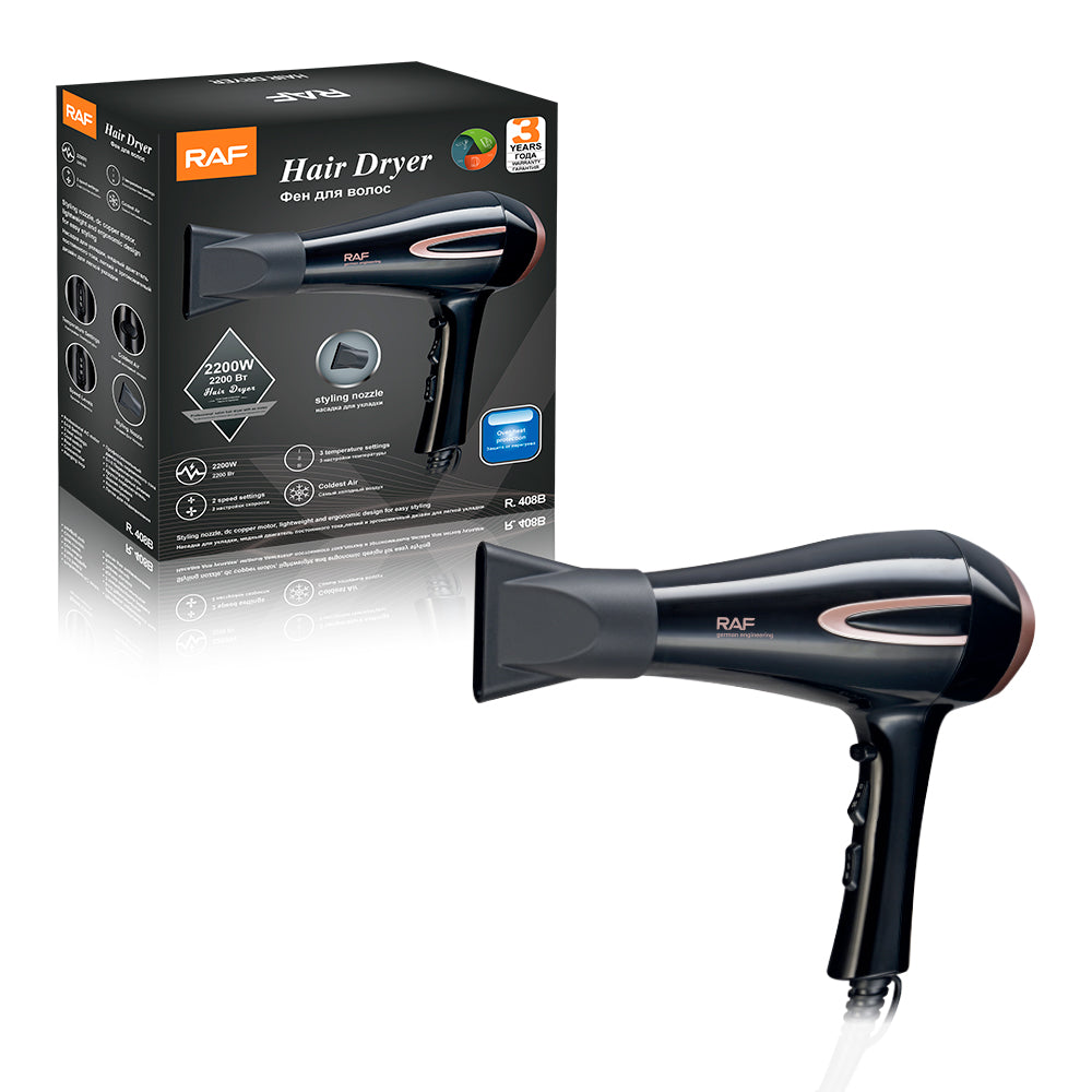 RAF Sèche-cheveux 2200 W avec ingénierie allemande - 3 températures et 2 vitesses, fonction d’air froid, protection contre la surchauffe, embout concentrateur pour séchage rapide et coiffage