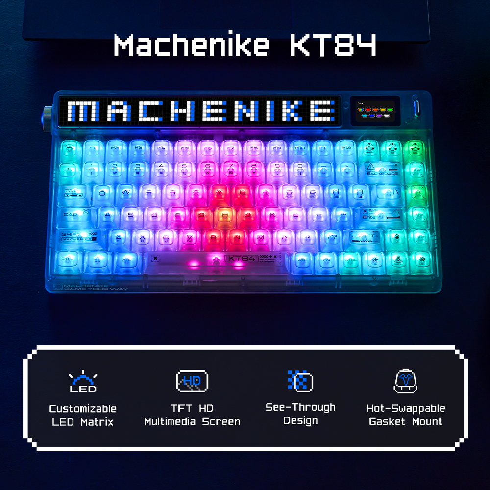 Machenike KT84-B84W clavier mécanique 75 %, triple mode, disposition QWERTY US, matrice LED personnalisable, écran TFT HD, design transparence, montage à joints remplaçable à chaud