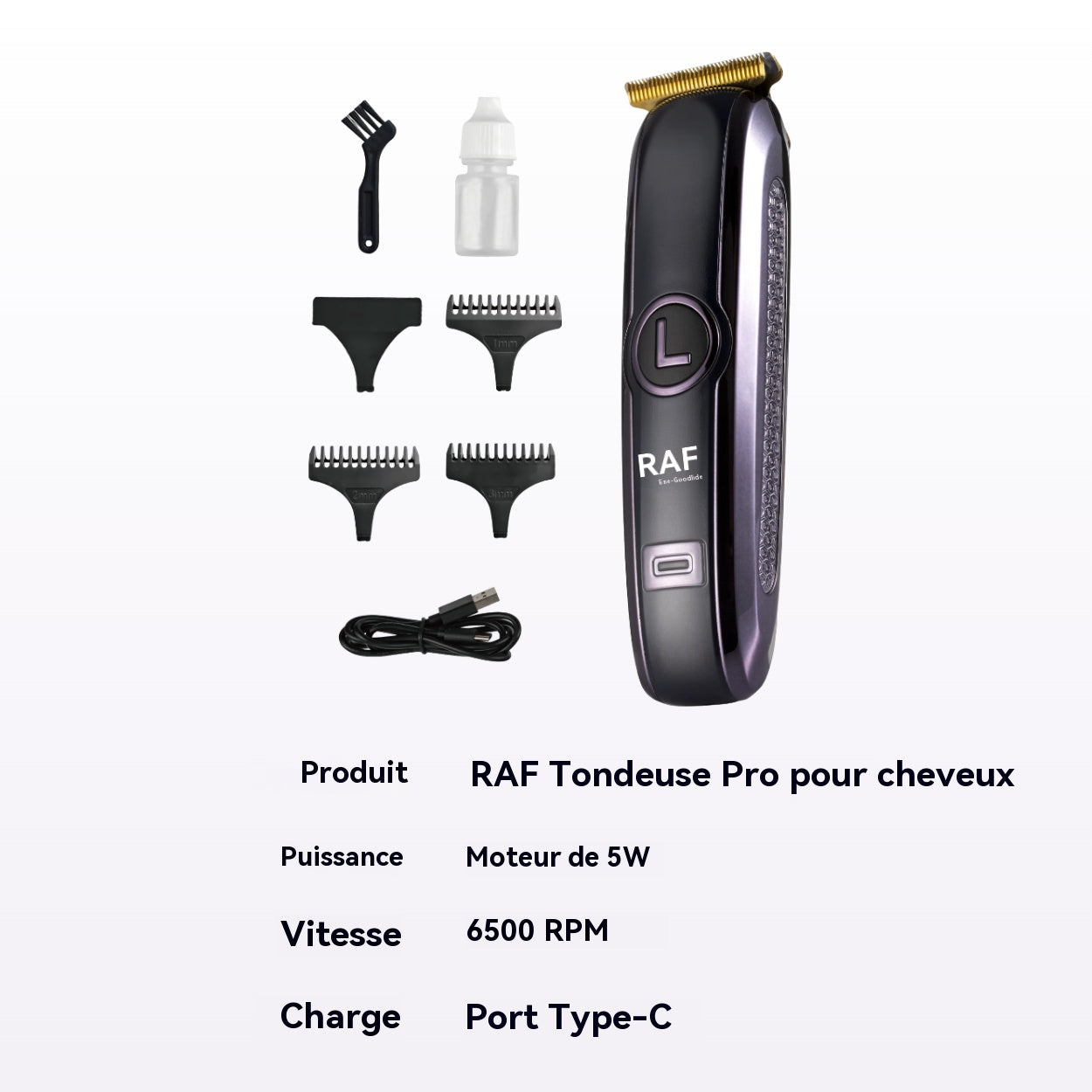 RAF Tondeuse à cheveux professionnelle sans fil 5 W pour hommes Tondeuse de finition à lame en T Kit de toilettage pour barbier et usage domestique