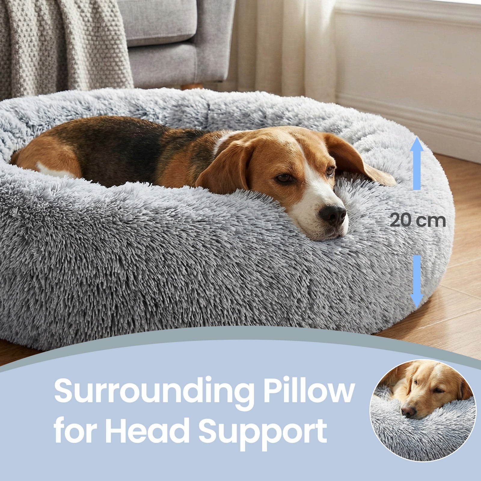 JOYFURNOS Lit pour chien en forme de beignet moelleux apaisant avec housse amovible lavable, 80 cm, gris