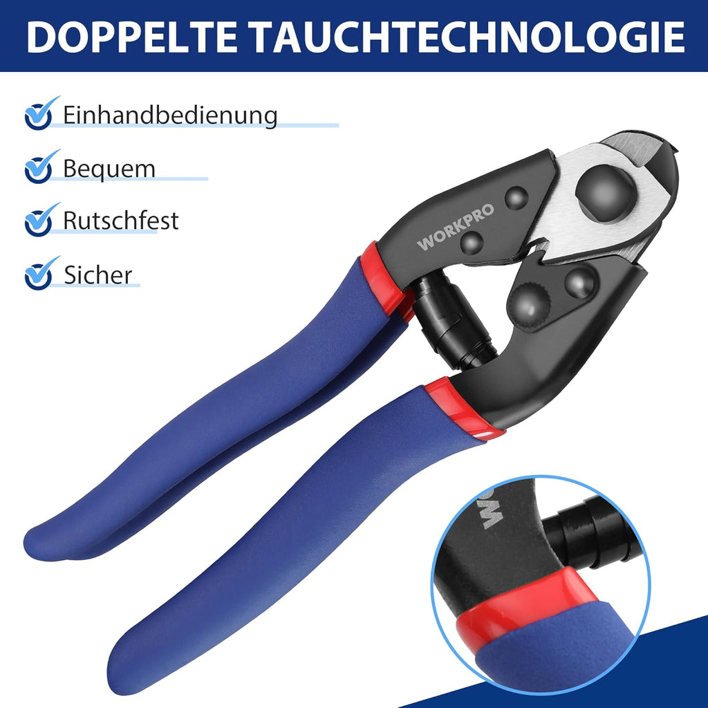 WORKPRO Coupe-câble en acier chrome-vanadium pour câble métallique, inox et réparation de câble de frein de vélo - 190 mm