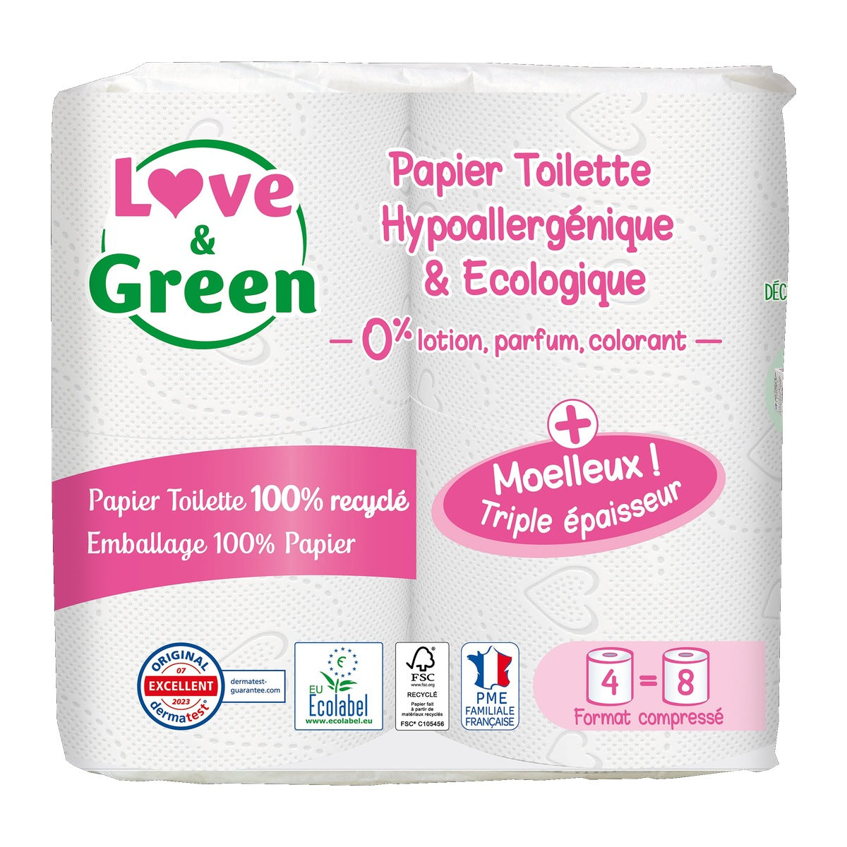 LOVE & GREEN Papier Toilette Recyclé Hypoallergénique et écologique – Triple épaisseur - 4 rouleaux compressés