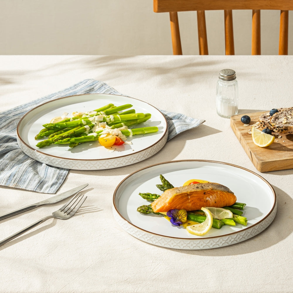 Dafuceramic Assiettes plates en céramique 10,25 pouces, lot de 4, compatibles micro-ondes et lave-vaisselle, assiettes profondes pour salade et pâtes avec gaufrage, blanc arctique