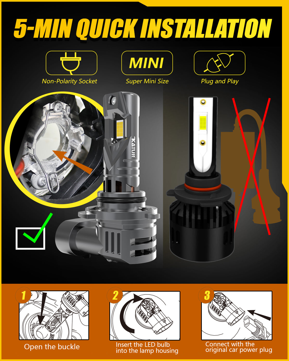Katur Ampoules de phare LED HB4 9006 100 W 30000 lm 6000 K blanc xénon taille mini 1:1 prêtes à l’emploi lot de 2