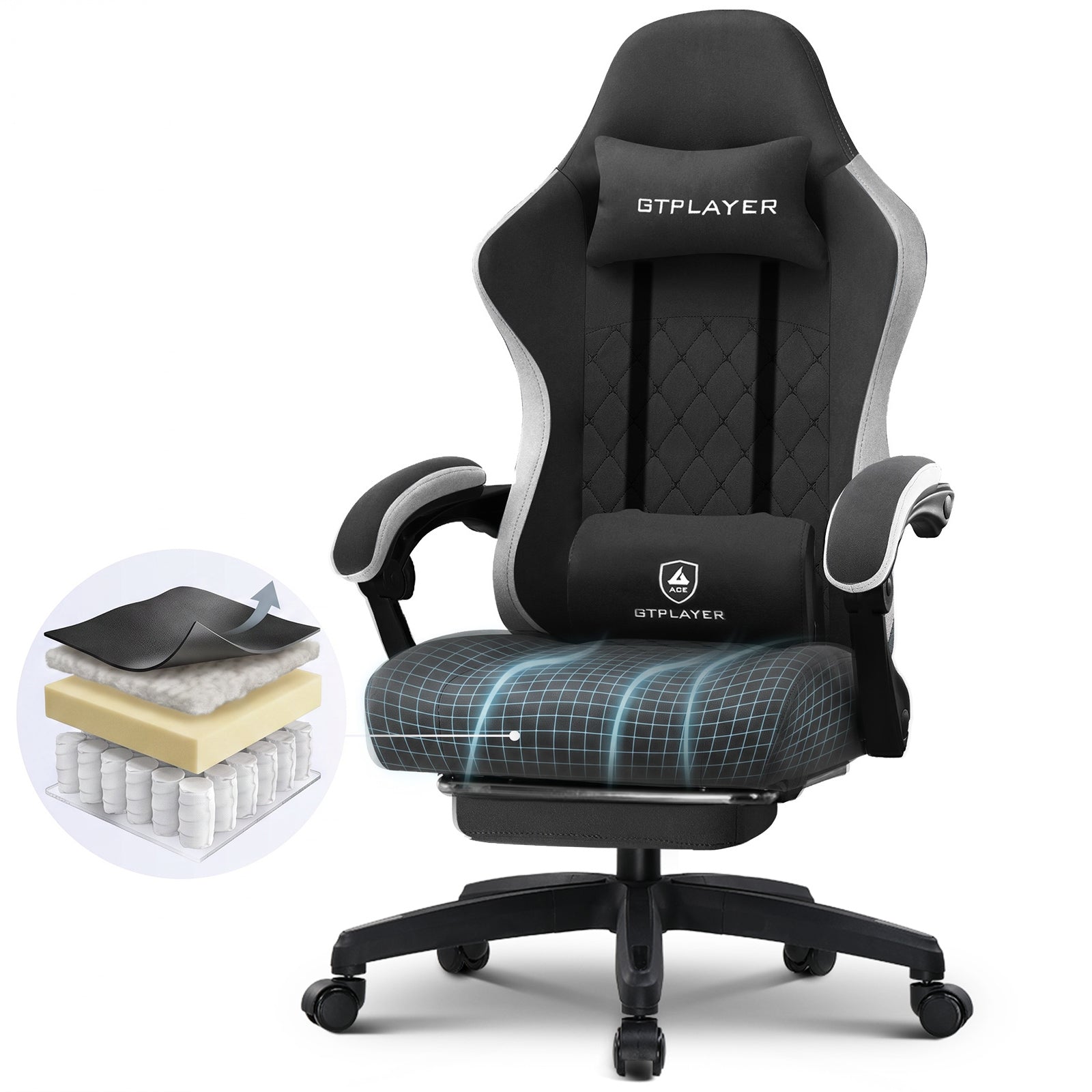 GTPlayer Chaise de jeu ergonomique avec revêtement en tissu, Coussin d’assise à ressorts et repose-pieds, Noir, Tissu noir, 55 x 50 x 130 cm, Vérin à gaz de sécurité hauteur 10 cm pour réglage facile