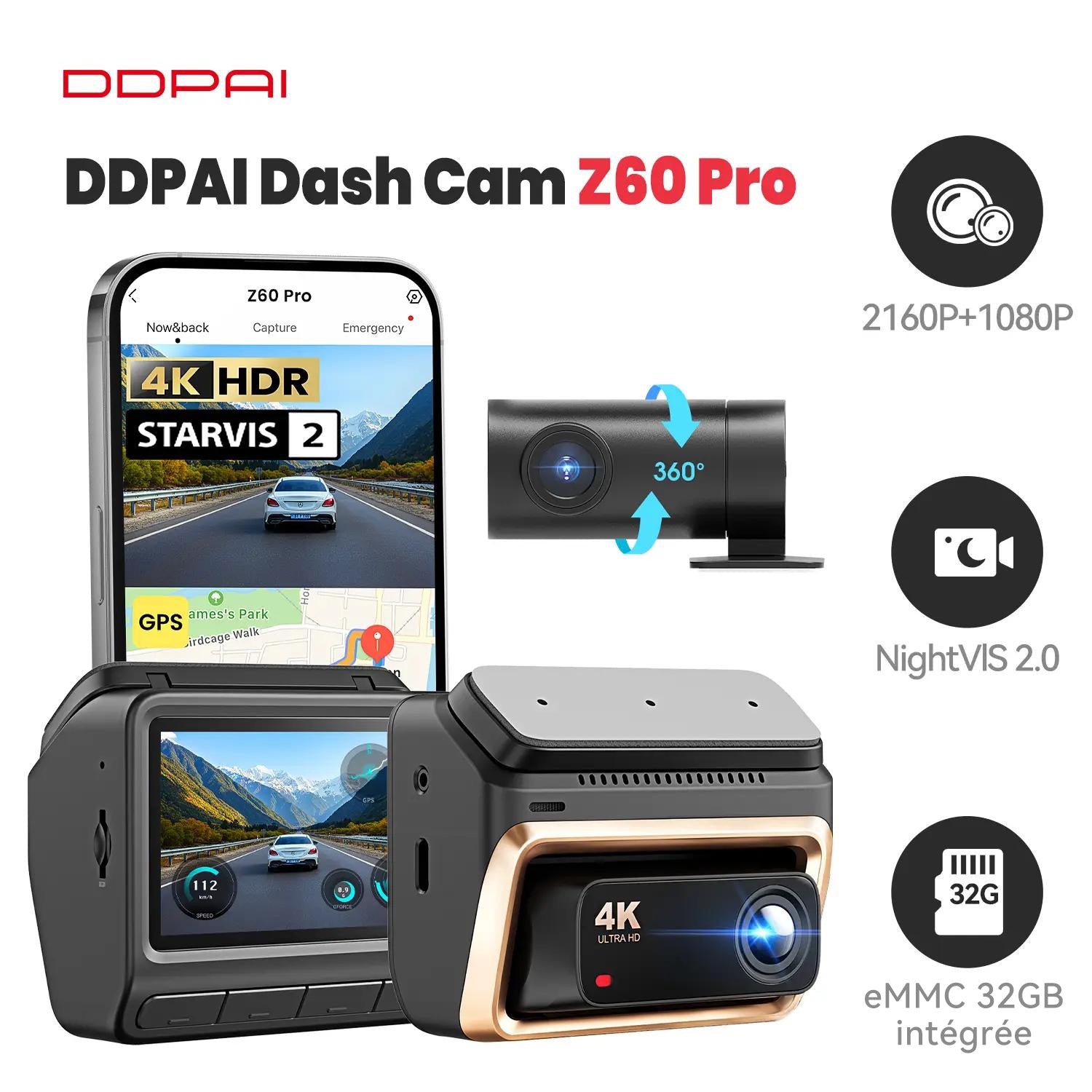 DDPAI Z60 Pro 4K Dashcam 3 pouces, enregistreur de voiture avec double caméra avant et arrière, STARVIS 2 IMX678, 60 FPS, HDR, eMMC 32 Go intégré, IA-ISP, vision nocturne, Wi-Fi 5 GHz, GPS, mode stationnement 24 h, 2 canaux