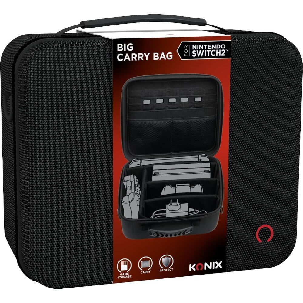 Konix Sacoche de protection et transport Big Carry Case console Nintendo Switch 2 - Filets rangement accessoires - 14 compartiments jeux - Noir