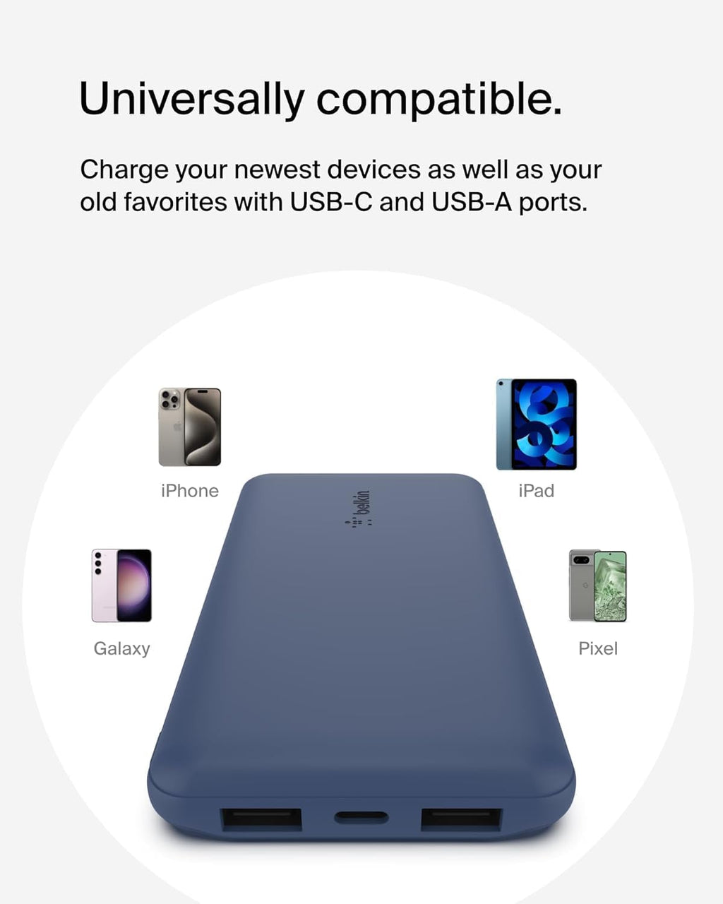 Belkin Batterie Externe BOOST CHARGE™ 10 000 mAh avec USB-C 15W, Double Port USB-A, Câble USB-A vers USB-C 15 cm, Bleu