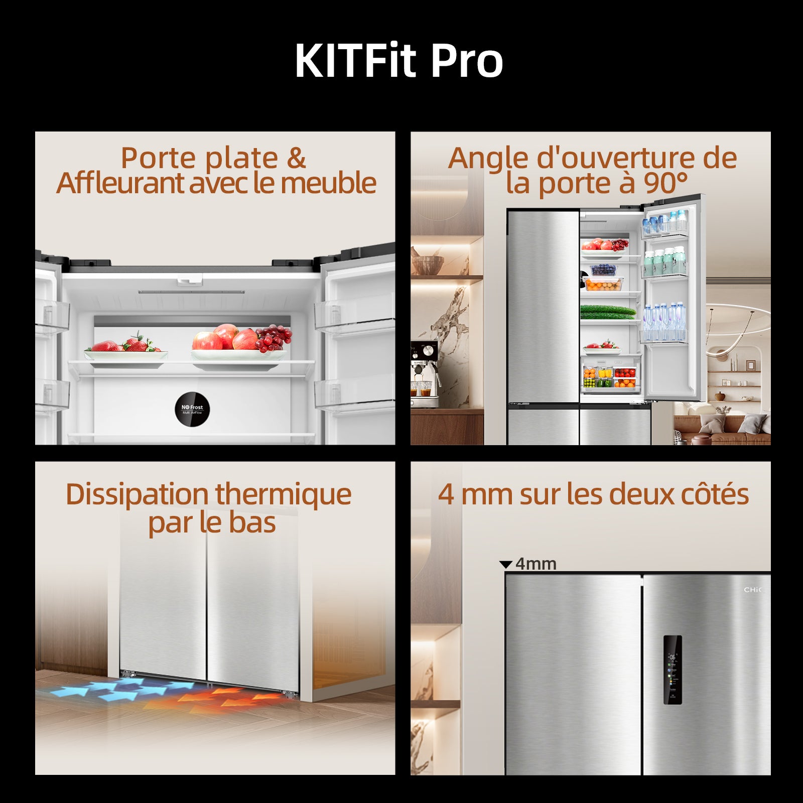 CHiQ Réfrigérateur à portes croisées 458 L, Design encastrable affleurant KITFIT, 191 cm H, Zone Care+ et contrôle de l’humidité, Inverter intelligent, Acier argenté élégant (JR460WSE)