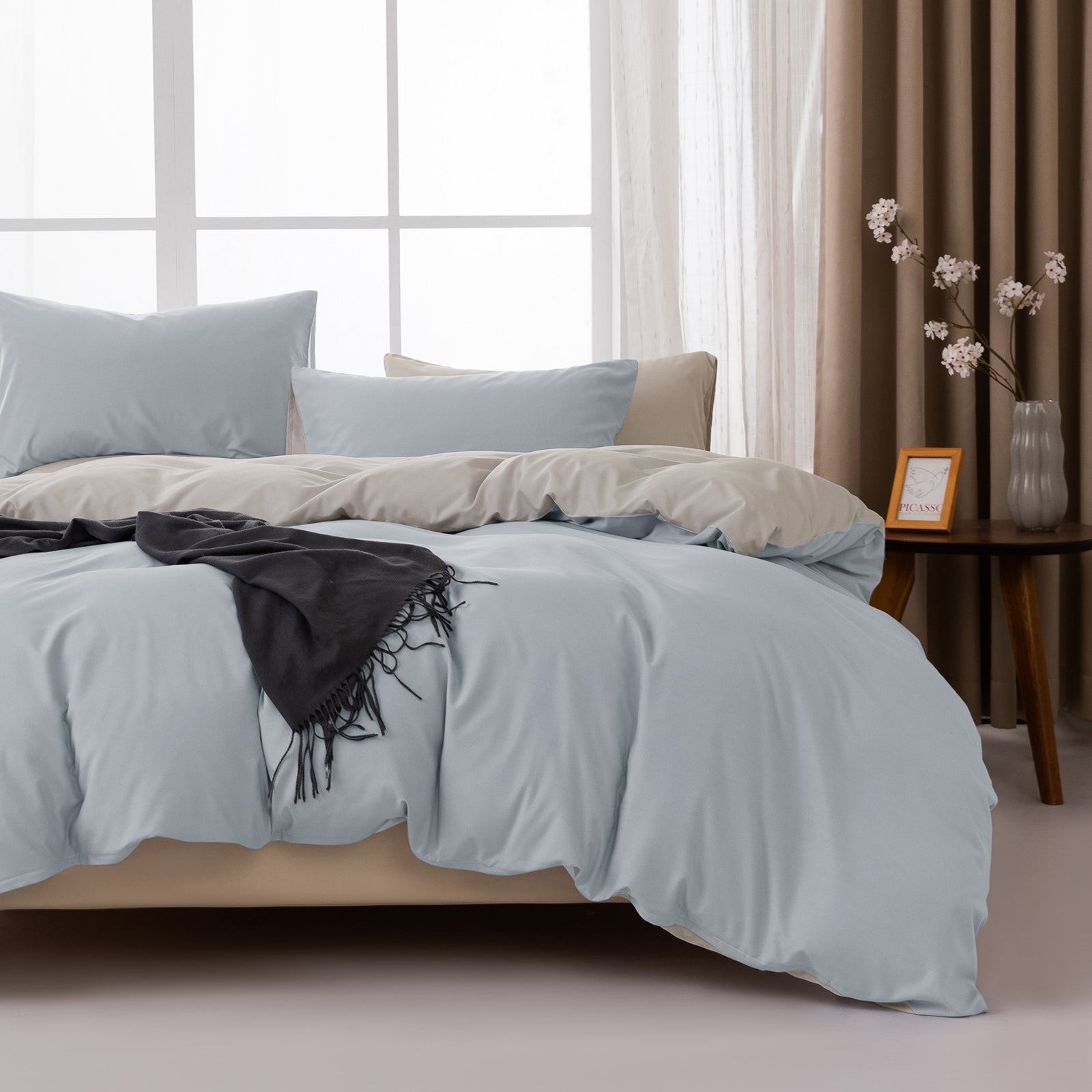 MENDALE Parure de lit haut de gamme - Housse de couette 135 x 200 cm avec taie d’oreiller 80 x 80 cm - Microfibre douce brossée - Bleu clair et gris clair