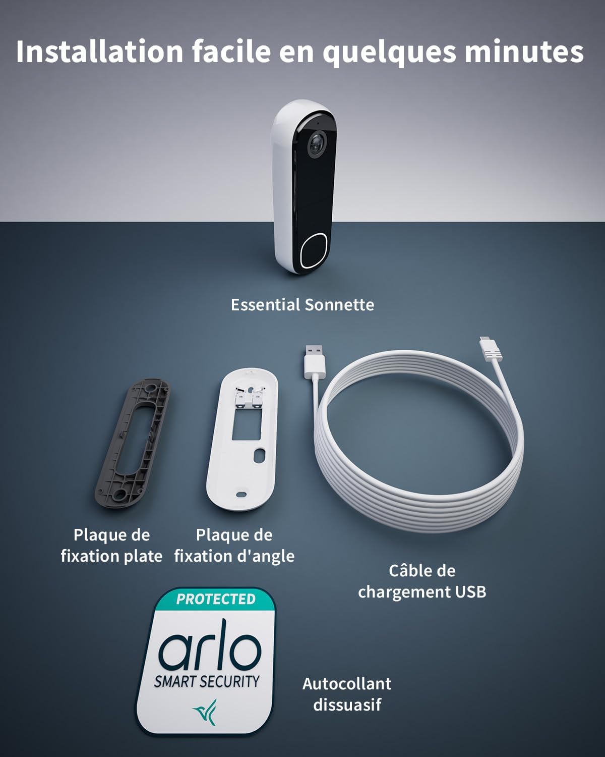 Arlo AVD3001-100EUS Sonnette de Surveillance Vidéo sans fil Extérieure WiFi Essential HD, Autonomie de 6 Mois, Capteur de Mouvement, Vision Nocturne, Audio Bidirectionnel Blanc