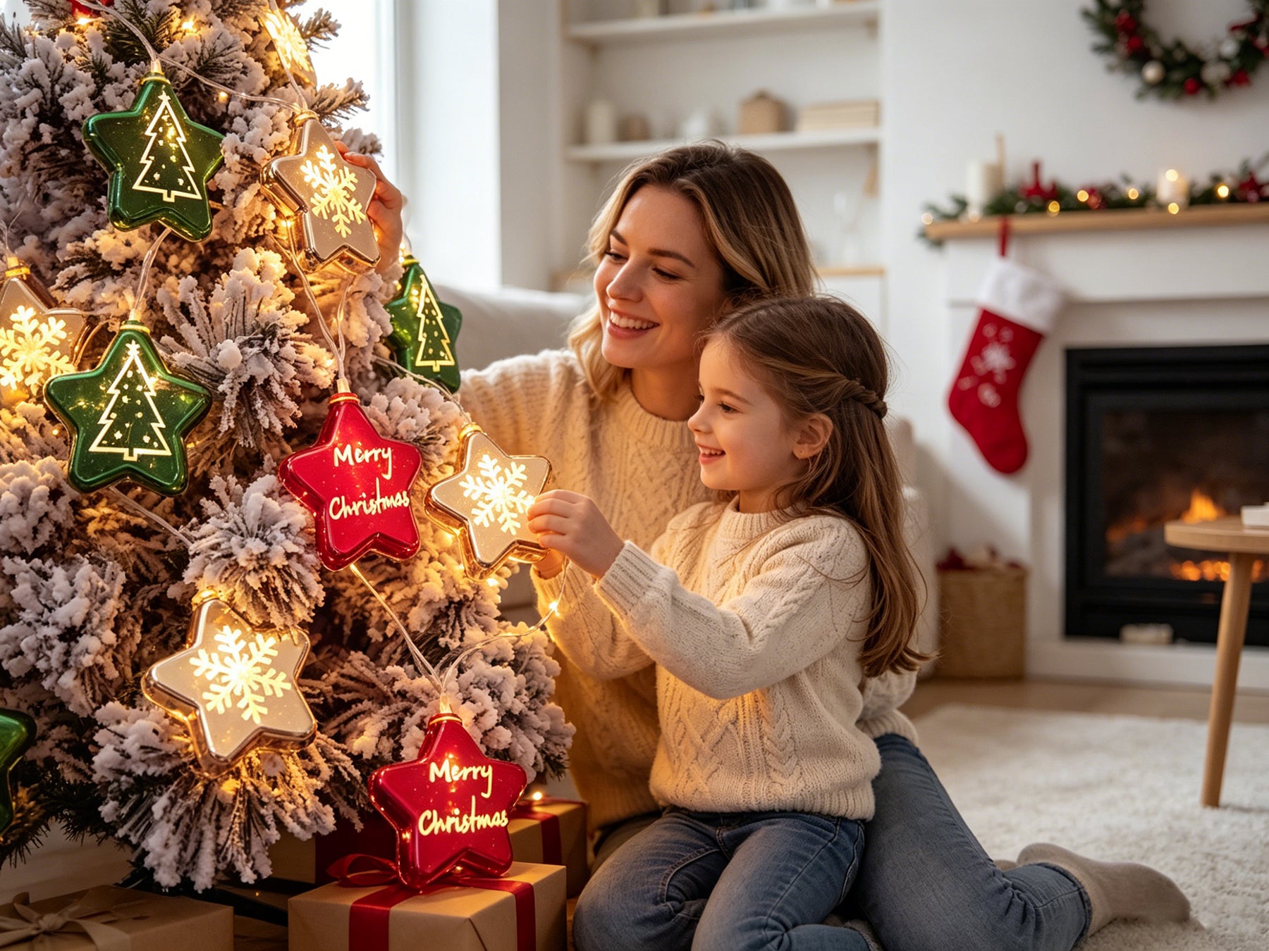Guirlande lumineuse de Noël LED, étoile à cinq pointes, motif flocon de neige, rouge, vert et blanc, convient pour la décoration intérieure et extérieure