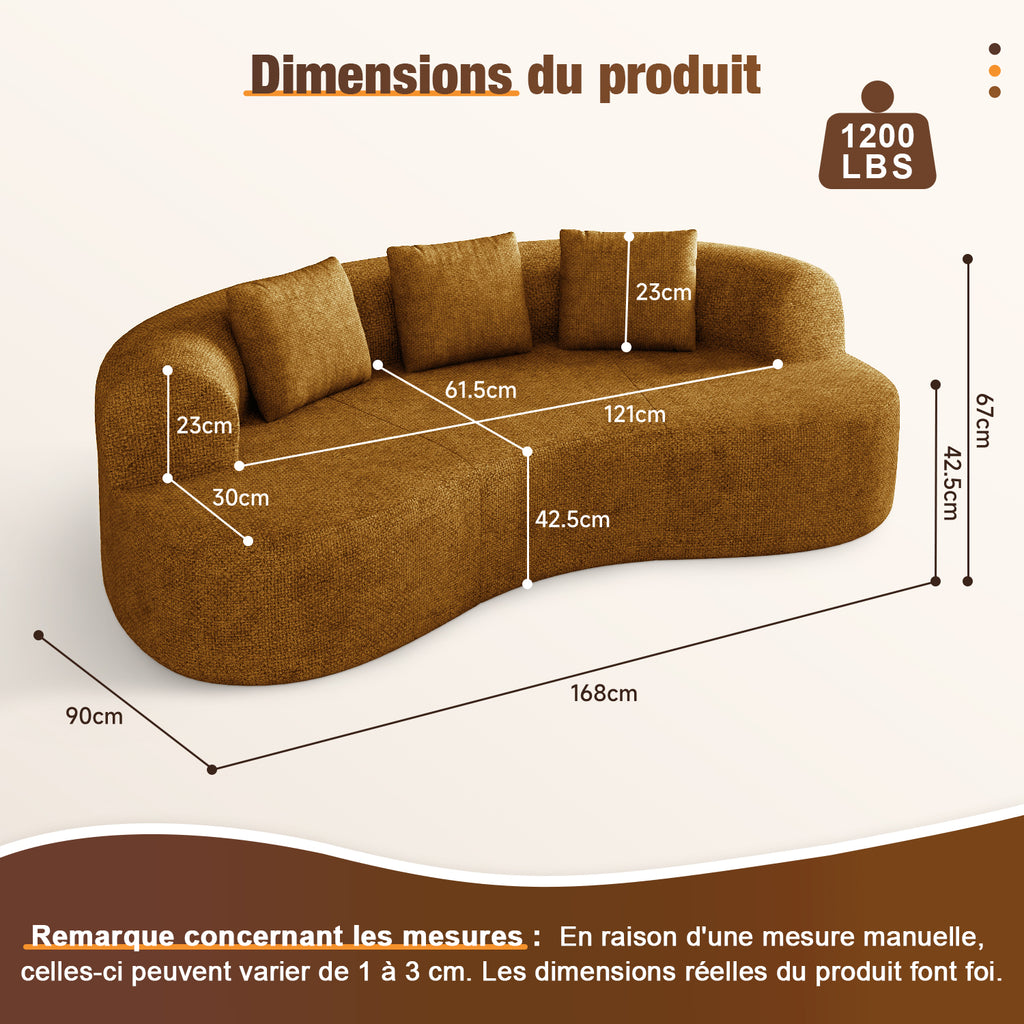 GTIMEX : Canapé 2 places série Lexzurn, 168 x 90 x 67 cm, Capacité de charge statique : 270 kg, Canapé modulable en chenille, Aucun assemblage requis, Canapé sans armatures, Canapé rembourré au design incurvé avec 3 coussins décoratifs pour salon et