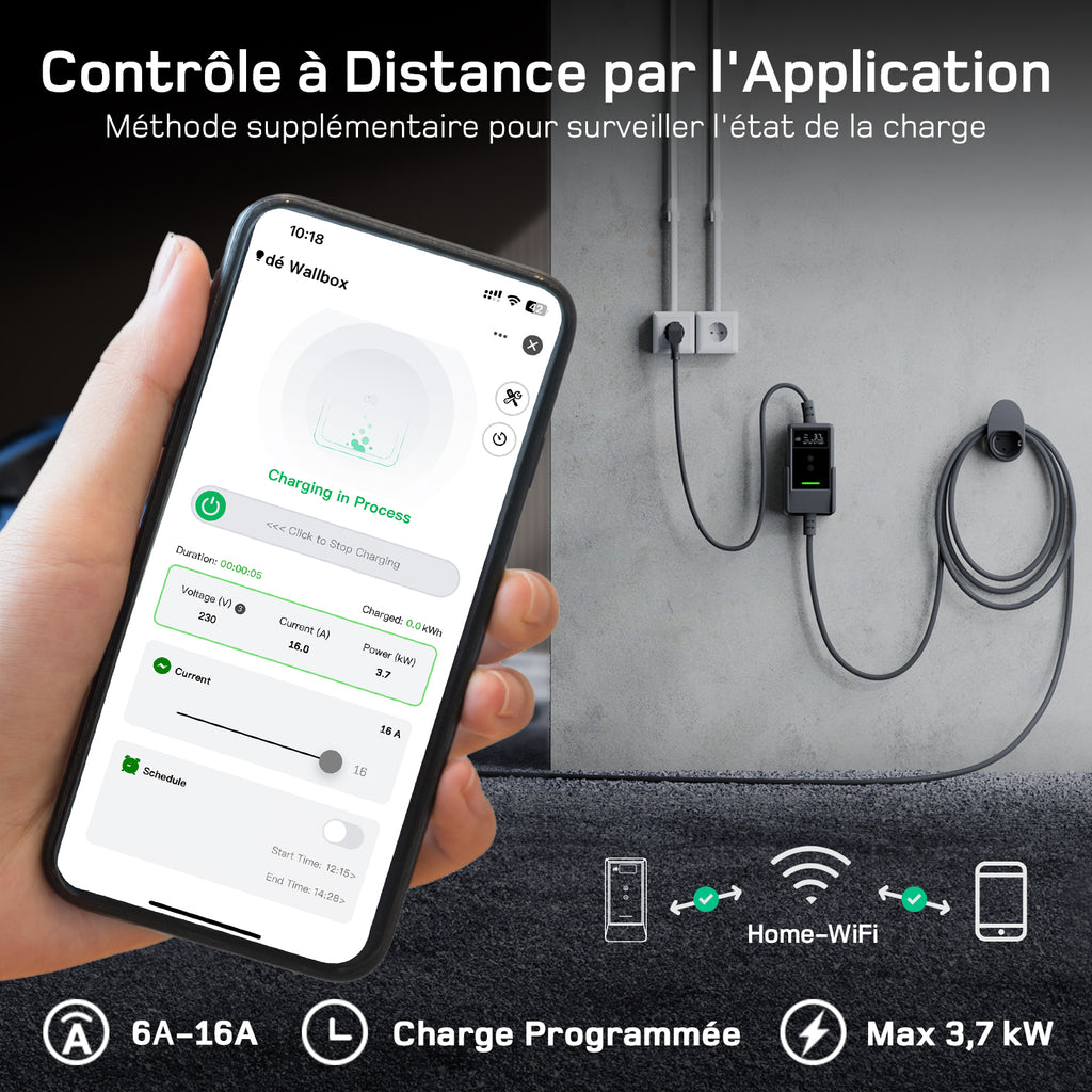 dé Chargeur EV 3,7 kW avec application 7 m 6–16 A réglable Type 2 Schuko Chargeur de voiture électrique Plug & Play avec écran LCD, IP66, et DDR Type A 30 mA AC + 6 mA DC, Câble de charge de voiture électrique pour EV/PHEV, Noir