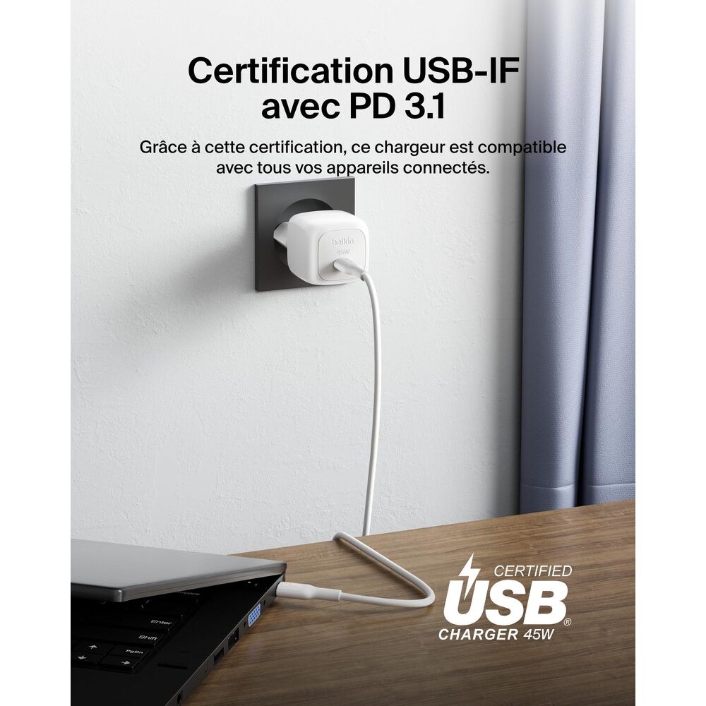 Belkin BoostCharge Chargeur secteur compact avec câble USB-C vers USB-C, 45 W - Blanc