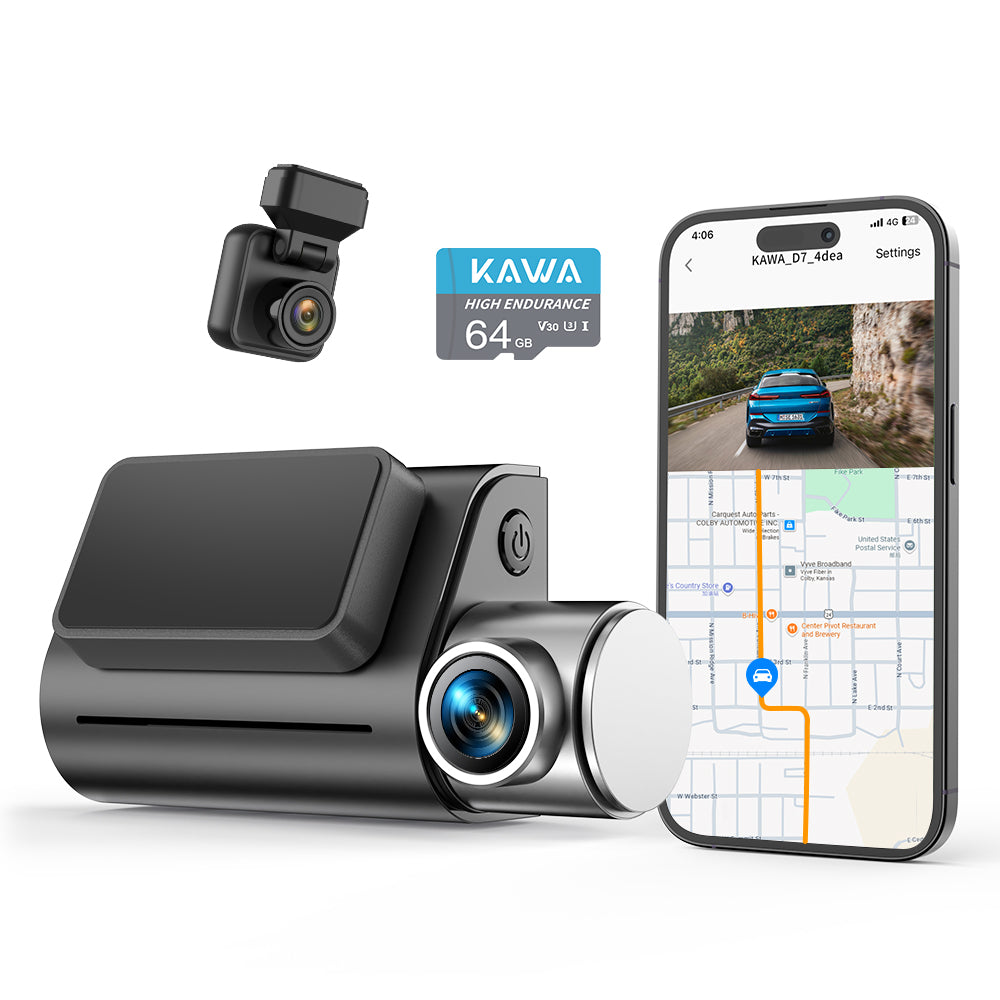 KAWA Dashcam 4K avant et arrière, commande vocale, carte SD 64 Go offerte, double dashcam Wi-Fi 6 pour voiture, GPS intégré, écran 2 pouces, HDR 2K, moteur NightEagle