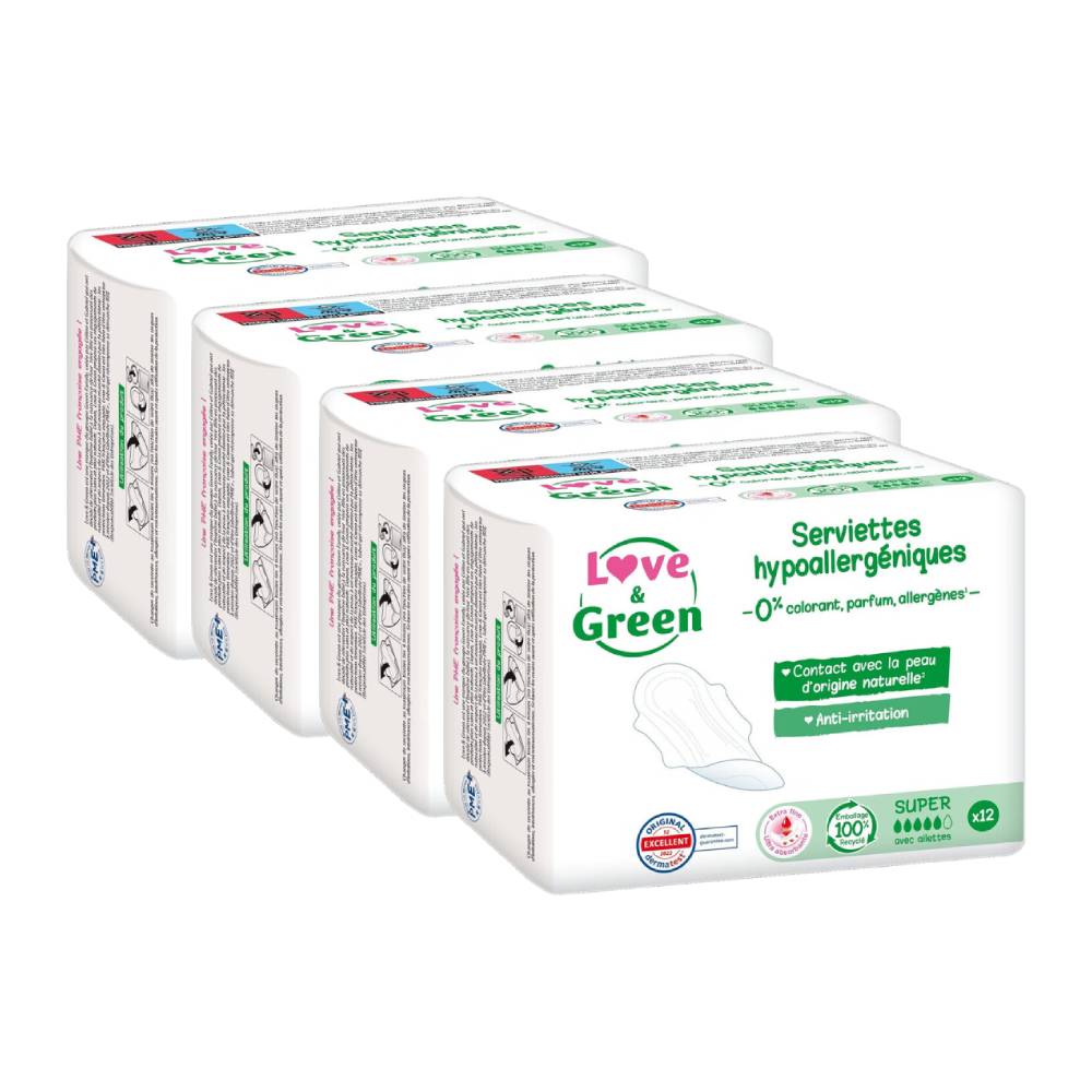 LOVE & GREEN Serviettes Hygiéniques Écologiques Hypoallergéniques Avec Ailettes Super - 48 Serviettes (4 Paquets de 12)